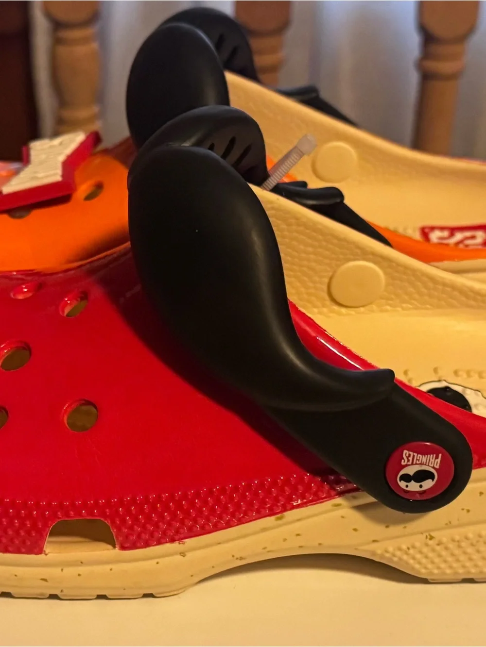 Pringles Crocs Orange and Red Sandals with Black Moustache
